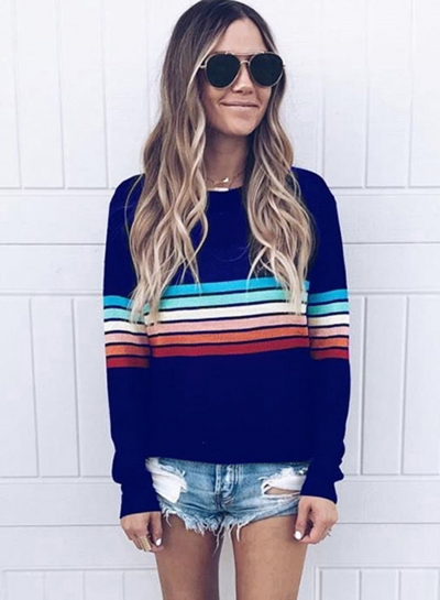 ‘s Casual Top Long Sleeve Rainbow Striped T-shirt YOUYOUFASHIONEC.com