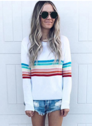 ‘s Casual Top Long Sleeve Rainbow Striped T-shirt