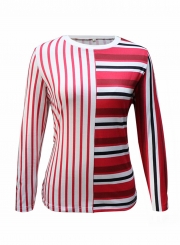 Round Neck Striped Stitching Contrast Loose T-shirt