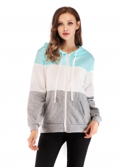 Three Color Block Long Sleeve Zipper Hooded Sweatshirt