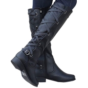 Winter Tall Riding Leather Strappy Flat Boots