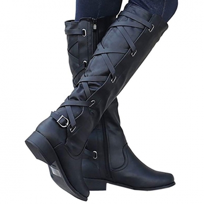 Winter Tall Riding Leather Strappy Flat Boots STYLESIMO.com
