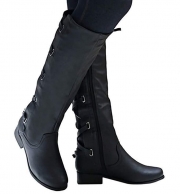 Winter Tall Riding Leather Strappy Flat Boots