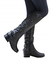 Winter Tall Riding Leather Strappy Flat Boots