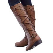 Winter Tall Riding Leather Strappy Flat Boots