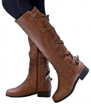 Winter Tall Riding Leather Strappy Flat Boots