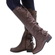 Winter Tall Riding Leather Strappy Flat Boots