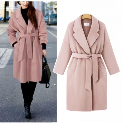 Winter Notched Lapel Knee Length Coat With Belt