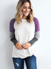 Color Block Long Sleeve Loose Fit Pullover Shirts Tops