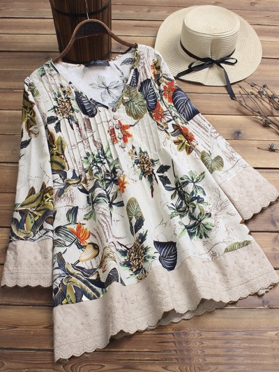 Floral Printed V-neck Long Sleeve Shirt YOUYOUFASHIONEC.com