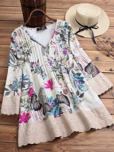 Floral Printed V-neck Long Sleeve Shirt YOUYOUFASHIONEC.com