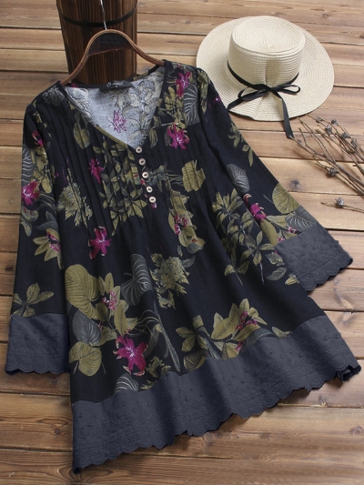 Floral Printed V-neck Long Sleeve Shirt YOUYOUFASHIONEC.com