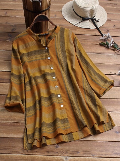 Vintage Striped Stand Collar Plus Size Blouse YOUYOUFASHIONEC.com