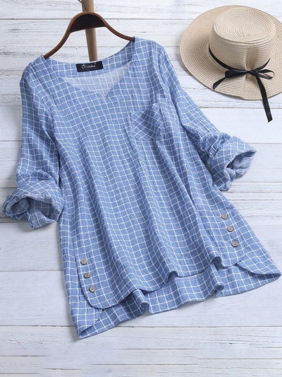 Casual Plaid Irregular Hem Button Plus Size Blouse YOUYOUFASHIONEC.com