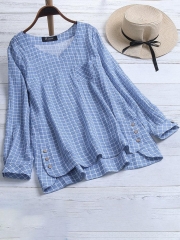 Casual Plaid Irregular Hem Button Plus Size Blouse