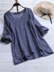 Casual Plaid Irregular Hem Button Plus Size Blouse