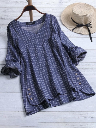 Casual Plaid Irregular Hem Button Plus Size Blouse YOUYOUFASHIONEC.com