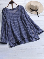 Casual Plaid Irregular Hem Button Plus Size Blouse