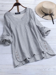 Casual Plaid Irregular Hem Button Plus Size Blouse