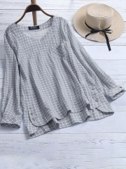 Casual Plaid Irregular Hem Button Plus Size Blouse