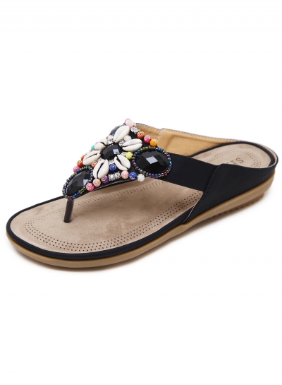 Apricot Fashion Bohemia Beach Thong Flat Women Sandals With String Bead