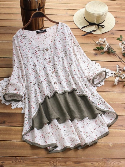 Irregular Floral Print Patchwork Long Sleeve Blouse For Women LZDINTECOMMERCE.com