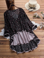 Irregular Floral Print Patchwork Long Sleeve Blouse For Women