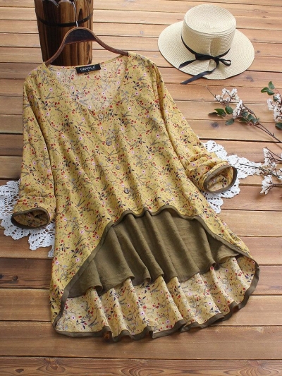 Irregular Floral Print Patchwork Long Sleeve Blouse For Women YOUYOUFASHIONEC.com