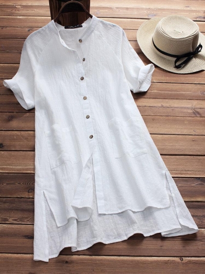 Solid Buttoned Cotton Casual Dress YOUYOUFASHIONEC.com