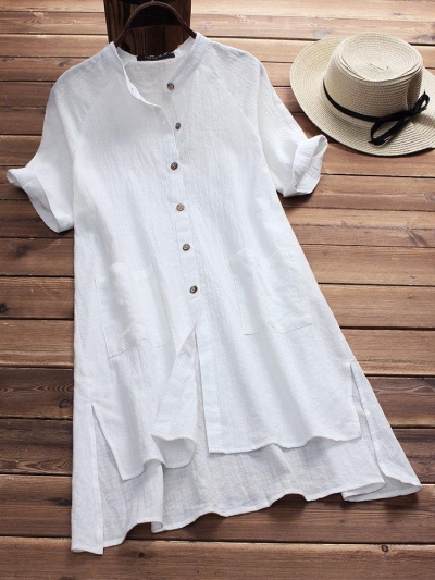 Solid Buttoned Cotton Casual Dress
