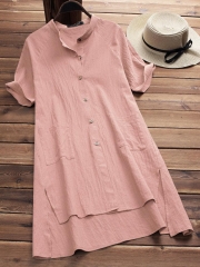 Solid Buttoned Cotton Casual Dress