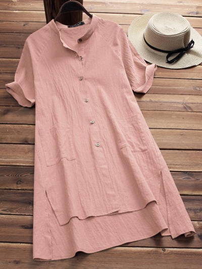 Solid Buttoned Cotton Casual Dress YOUYOUFASHIONEC.com