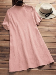 Solid Buttoned Cotton Casual Dress