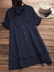 Solid Buttoned Cotton Casual Dress