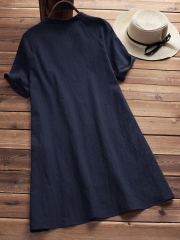 Solid Buttoned Cotton Casual Dress