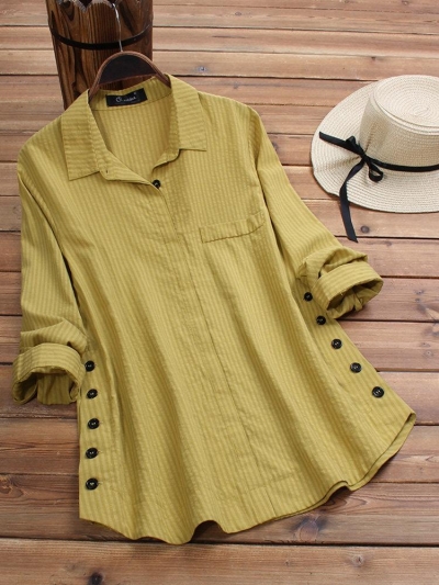 Vintage Lapel Button Long Sleeve Plus Size Shirt YOUYOUFASHIONEC.com