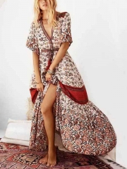 Pink V-neck Floral Print Button Placket Front Maxi Dress