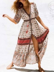 Pink V-neck Floral Print Button Placket Front Maxi Dress