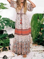 Pink V-neck Floral Print Button Placket Front Maxi Dress