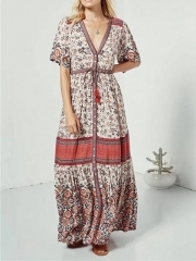 Pink V-neck Floral Print Button Placket Front Maxi Dress