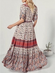 Pink V-neck Floral Print Button Placket Front Maxi Dress