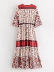 Pink V-neck Floral Print Button Placket Front Maxi Dress