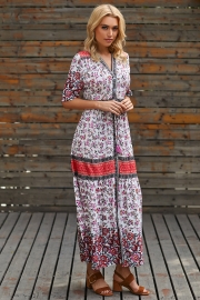 Pink V-neck Floral Print Button Placket Front Maxi Dress