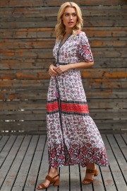 Pink V-neck Floral Print Button Placket Front Maxi Dress