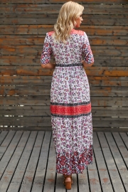 Pink V-neck Floral Print Button Placket Front Maxi Dress