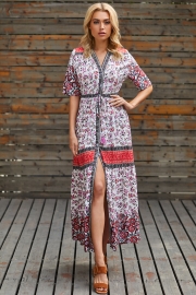 Pink V-neck Floral Print Button Placket Front Maxi Dress