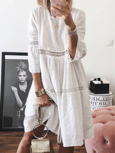 Casual Cotton Shift Daily Paneled Crew Neck Summer Dress