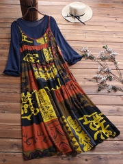 Two Picecs Ethnic Print Vintage Maxi Dress For Women