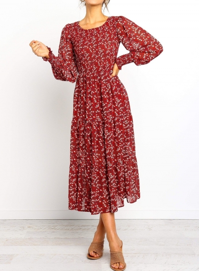 Floral Print Shirred Cuff Midi Dress YOUYOUFASHIONEC.com