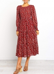 Floral Print Shirred Cuff Midi Dress